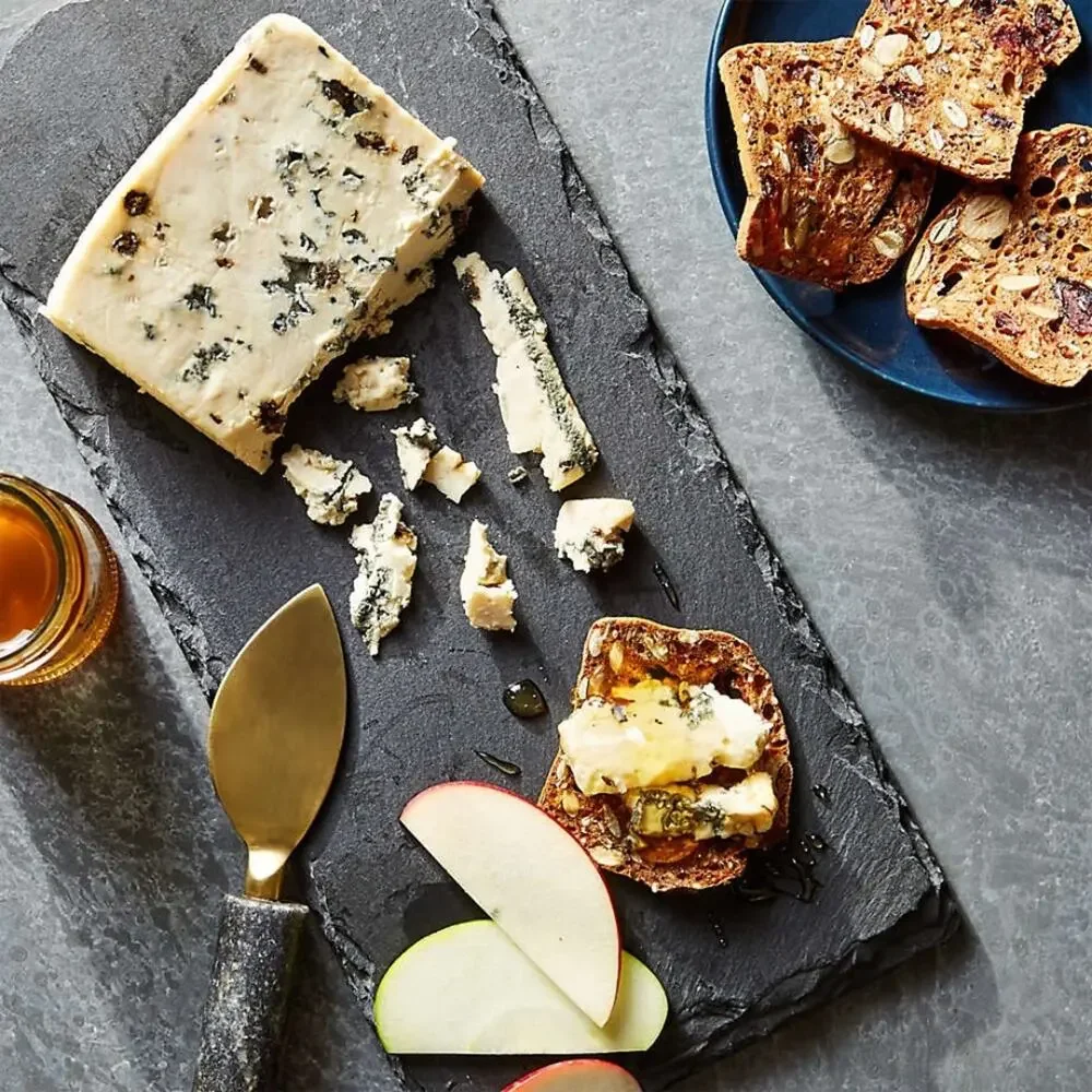 NEW CRATE & BARREL Black Slate Cheese Board White Soapstone Chalk Pencil 12x5